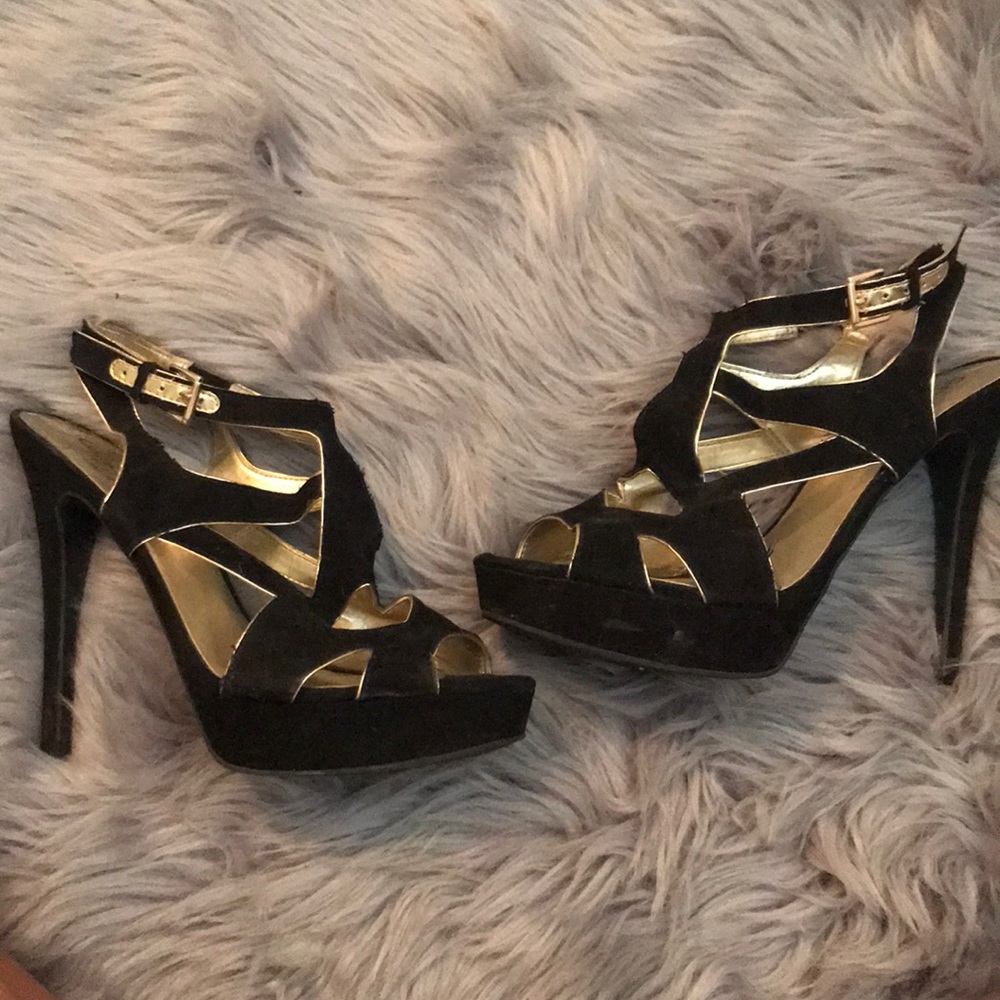 Black and Gold GUESS Strappy Heels